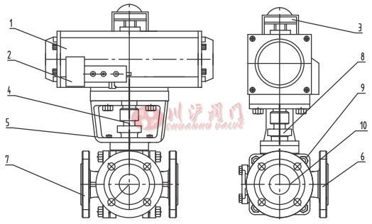 氣動襯氟三通球閥結(jié)構(gòu)圖